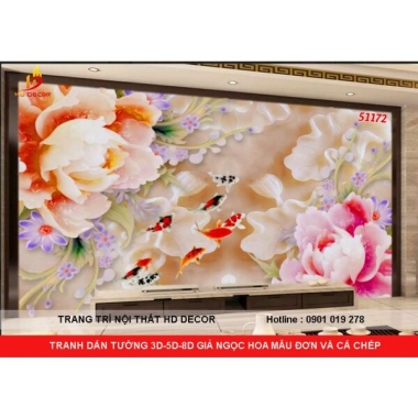 TRANH DÁN TƯỜNG 3D GIẢ NGỌC CÁ CHÉP VÀ HOA MẪU ĐƠN 