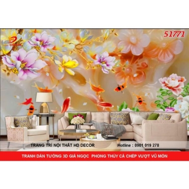 TRANH DÁN TƯỜNG 3D GIẢ NGỌC CÁ CHÉP VƯỢT VŨ MÔN 