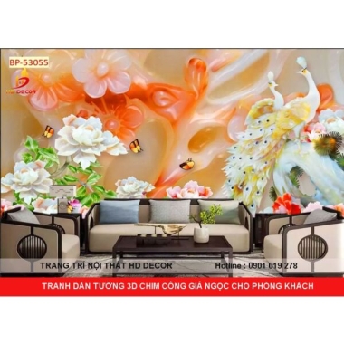 TRANH DÁN TƯỜNG 3D GIẢ NGỌC CHIM CÔNG CHO PHÒNG KHÁCH 