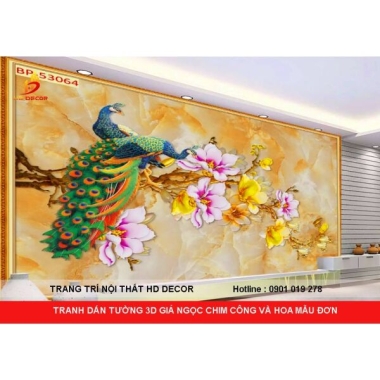 TRANH DÁN TƯỜNG 3D GIẢ NGỌC CHIM CÔNG GIẢ NGỌC ĐẸP NHẤT 