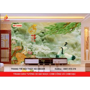 TRANH DÁN TƯỜNG 3D GIẢ NGỌC CHIM CÔNG VÀ CHIM HẠC