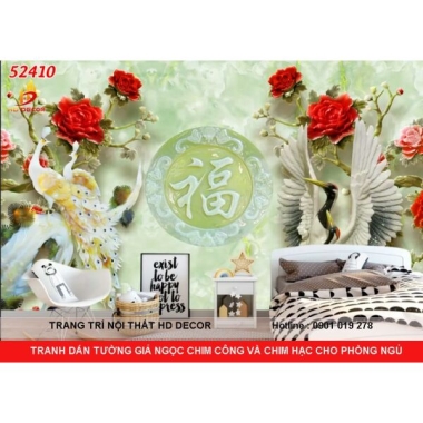 TRANH DÁN TƯỜNG 3D GIẢ NGỌC CHIM CÔNG VÀ CHIM HẠC CHO PHÒNG NGỦ  