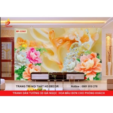TRANH DÁN TƯỜNG 3D GIẢ NGỌC CHIM CÔNG VÀ HOA MẪU ĐƠN 