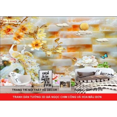 TRANH DÁN TƯỜNG 3D GIẢ NGỌC CHIM CÔNG VÀ HOA MẪU ĐƠN 