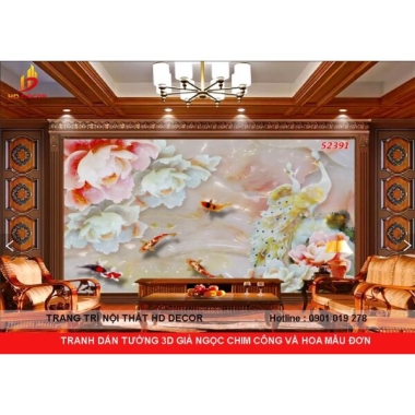 TRANH DÁN TƯỜNG 3D GIẢ NGỌC CHIM CÔNG VÀ HOA MẪU ĐƠN  PHONG THỦY