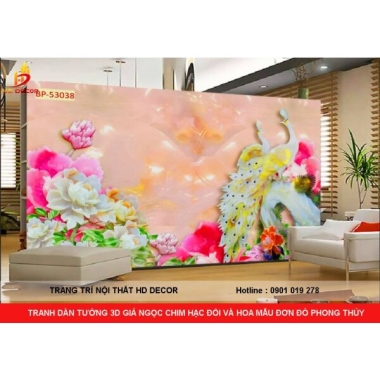 TRANH DÁN TƯỜNG 3D GIẢ NGỌC CHIM HẠC ĐÔI VÀ HOA MẪU ĐƠN ĐỎ PHONG THỦY 