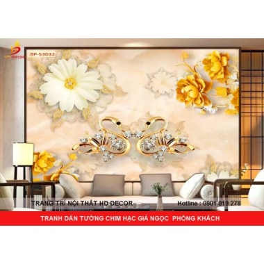 TRANH DÁN TƯỜNG 3D GIẢ NGỌC CHIM HẠC PHÒNG KHÁCH 