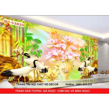TRANH DÁN TƯỜNG 3D GIẢ NGỌC CHIM HẠC VÀ BÌNH NGỌC 