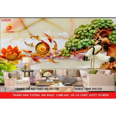 TRANH DÁN TƯỜNG 3D GIẢ NGỌC  CHIM HẠC  VÀ CÁ CHÉP VƯỢT VŨ MÔN 