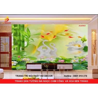 TRANH DÁN TƯỜNG 3D GIẢ NGỌC CHIM HẠC VÀ HOA SEN TRẮNG 