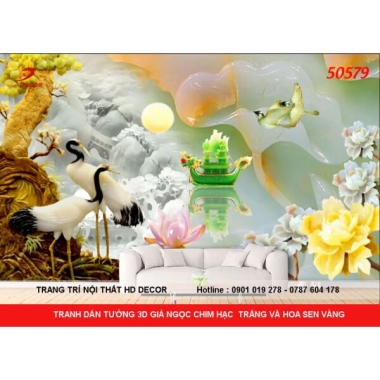 TRANH DÁN TƯỜNG 3D GIẢ NGỌC GIÁ RẺ CHIM HẠC VÀ HOA SEN 