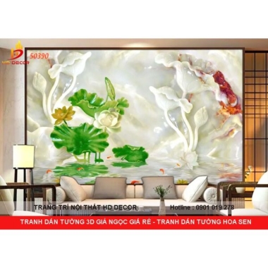 TRANH DÁN TƯỜNG 3D GIẢ NGỌC  GIÀ RẺ - TRANH DÁN TƯỜNG HOA SEN GIẢ NGỌC 