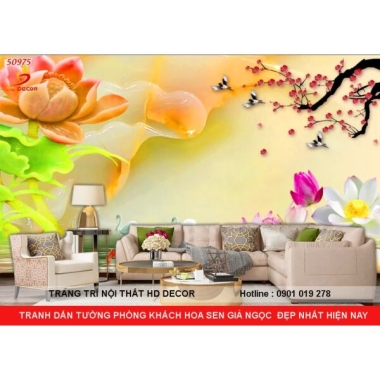 TRANH DÁN TƯỜNG 3D GIẢ NGỌC GIÁ RẺ - TRANH DÁN TƯỜNG HOA SEN PHÒNG KHÁCH 