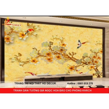 TRANH DÁN TƯỜNG 3D GIẢ NGỌC HOA ĐÀO CHO PHÒNG KHÁCH 
