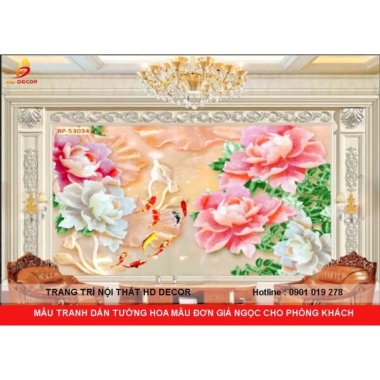 TRANH DÁN TƯỜNG 3D GIẢ NGỌC HOA MẪU ĐƠN CHO PHÒNG KHÁCH 