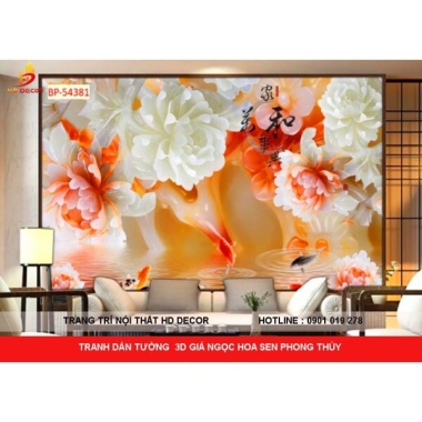 TRANH DÁN TƯỜNG 3D GIẢ NGỌC HOA MẪU ĐƠN PHONG THỦY 