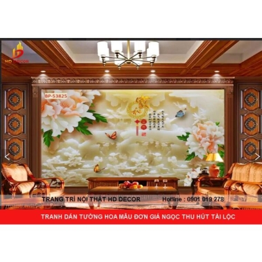 TRANH DÁN TƯỜNG 3D GIẢ NGỌC HOA MẪU ĐƠN THU HÚT TÀI LỘC 