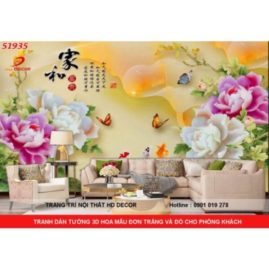 TRANH DÁN TƯỜNG  3D GIẢ NGỌC HOA MẪU ĐƠN TRẮNG VÀ ĐỎ PHONG THỦY 