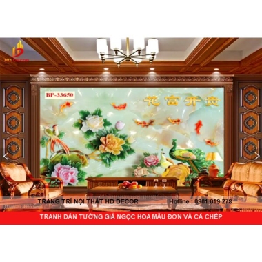 TRANH DÁN TƯỜNG 3D GIẢ NGỌC  HOA MẪU ĐƠN VÀ CÁ CHÉP 