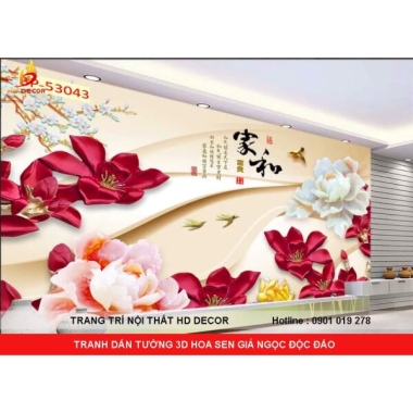 TRANH DÁN TƯỜNG 3D GIẢ NGỌC HOA SEN  ĐỘC ĐÁO CHO PHÒNG KHÁCH 