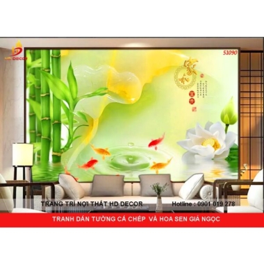 TRANH DÁN TƯỜNG 3D GIẢ NGỌC HOA SEN VÀ CÁ CHÉP 