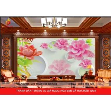TRANH DÁN TƯỜNG 3D GIẢ NGỌC HOA SEN VÀ HOA MẪU ĐƠN 