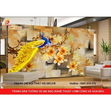 TRANH DÁN TƯỜNG 3D GIẢ NGỌC NGHỆ THUẬT CHIM CÔNG VÀ HOA ĐÀO 