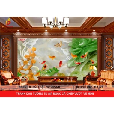 TRANH DÁN TƯỜNG 3D GIÀ NGỌC PHONG THỦY CÁ CHÉP VƯỢT VŨ MÔN 
