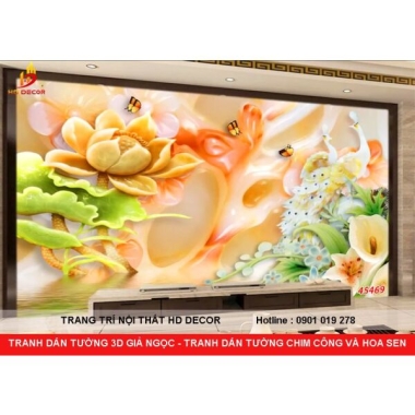 TRANH DÁN TƯỜNG 3D GIẢ NGỌC - TRANH DÁN TƯỜNG CHIM CÔNG VÀ HOA SEN 