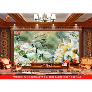 TRANH DÁN TƯỜNG 3D GIẢ NGỌC - TRANH DÁN TƯỜNG CHIM HẠC VÀ CHIM CÔNG PHÒNG KHÁCH 