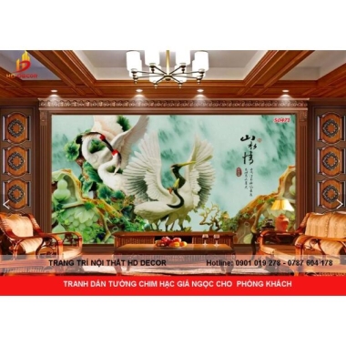 TRANH DÁN TƯỜNG 3D GIẢ NGỌC - TRANH DÁN TƯỜNG GIẢ NGỌC CHIM HẠC CHO PHÒNG KHÁCH 