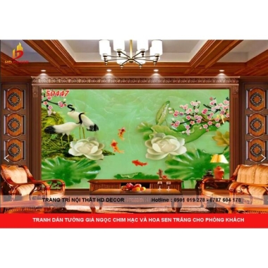 TRANH DÁN TƯỜNG 3D GIẢ NGỌC - TRANH DÁN TƯỜNG GIẢ NGỌC CHIM HẠC VÀ HOA SEN TRẮNG 