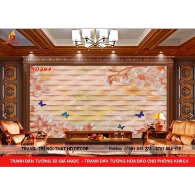 TRANH DÁN TƯỜNG 3D GIẢ NGỌC - TRANH DÁN TƯỜNG GIẢ NGỌC HOA ĐÀO CHO PHÒNG KHÁCH 