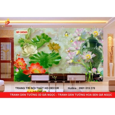 TRANH DÁN TƯỜNG 3D GIẢ NGỌC - TRANH DÁN TƯỜNG GIẢ NGỌC HOA SEN 