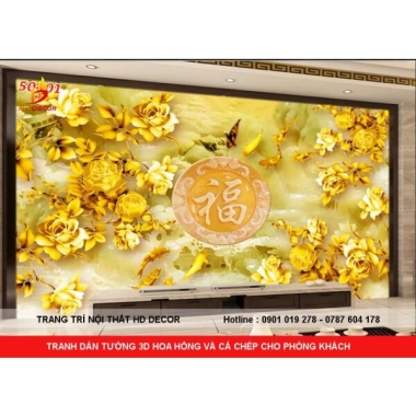 TRANH DÁN TƯỜNG 3D  HOA HỒNG VÀ CÁ CHÉP CHO PHÒNG KHÁCH 