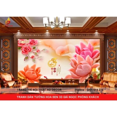 TRANH DÁN TƯỜNG 3D HOA SEN GIẢ NGỌC CHO PHÒNG KHÁCH 