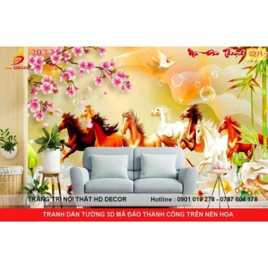 TRANH DÁN TƯỜNG 3D MÃ ĐÁO THÀNH CÔNG TRÊN NỀN HOA 