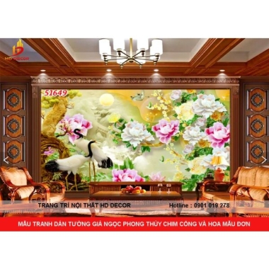 TRANH DÁN TƯỜNG 3D PHONG THỦY CHIM CÔNG VÀ HOA MẪU ĐƠN 