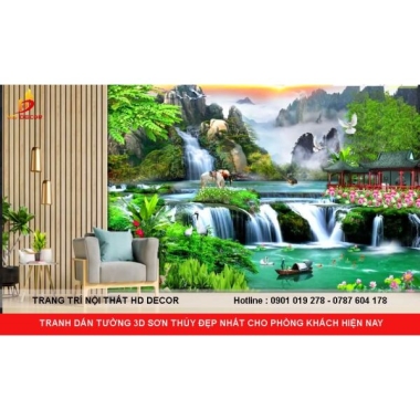 TRANH DÁN TƯỜNG 3D SƠN THỦY HỮU TÌNH CHO PHÒNG KHÁCH HIỆN NAY 