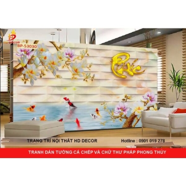 TRANH DÁN TƯỜNG  CÁ CHÉP GIẢ NGỌC VÀ CHỮ PHONG THỦY 