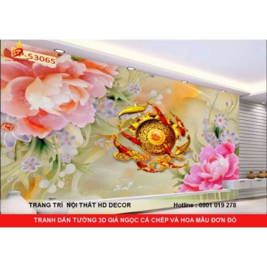 TRANH DÁN TƯỜNG CÁ CHÉP  VÀ HOA MẪU ĐƠN GIẢ NGỌC CHO PHÒNG KHÁCH 