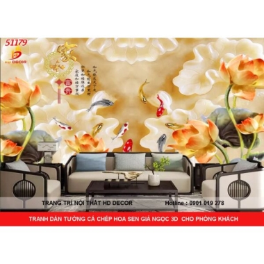 TRANH DÁN TƯỜNG CÁ CHÉP VÀ HOA SEN GIẢ NGỌC 3D 