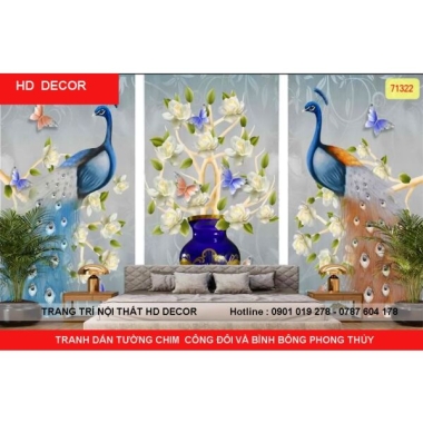 TRANH DÁN TƯỜNG CHIM CÔNG ĐÔI UYÊN ƯƠNG VÀ BÌNH BÔNG PHONG THỦY 