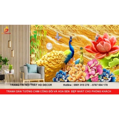 TRANH DÁN TƯỜNG CHIM  CÔNG ĐÔI VÀ HOA SEN ĐẸP NHẤT CHO PHÒNG KHÁCH 
