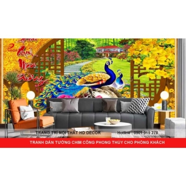 TRANH DÁN TƯỜNG CHIM CÔNG PHONG THỦY CHO PHÒNG KHÁCH 
