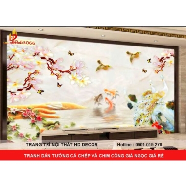 TRANH DÁN TƯỜNG CHIM CÔNG VÀ CÁ CHÉP GIẢ NGỌC GIÁ RẺ 