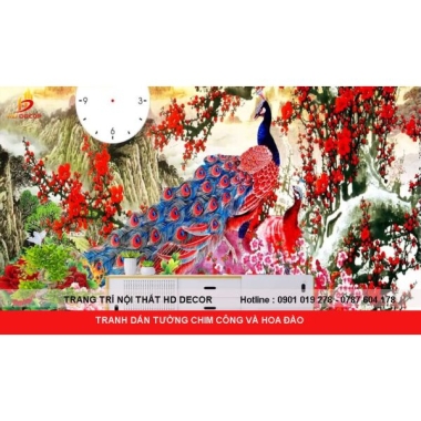 TRANH DÁN TƯỜNG CHIM CÔNG VÀ HOA ĐÀO 