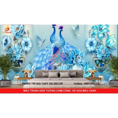 TRANH DÁN TƯỜNG CHIM CÔNG VÀ HOA MÀU XANH 