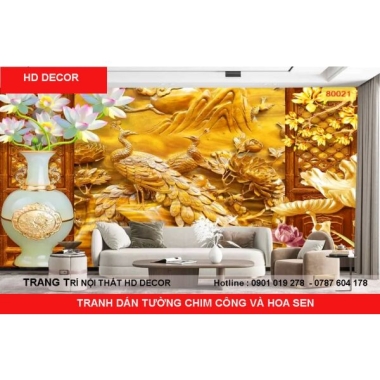 TRANH DÁN TƯỜNG CHIM CÔNG VÀ HOA SEN 