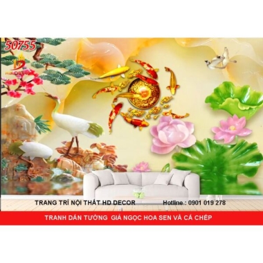TRANH DÁN TƯỜNG GIẢ NGỌC 3D GIÁ RẺ - TRANH DÁN TƯỜNG HOA SEN VÀ CÁ CHÉP 